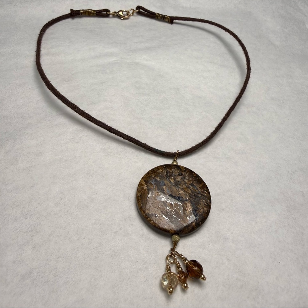 14.5” Choker Brown Cord Necklace with Stone Pendant